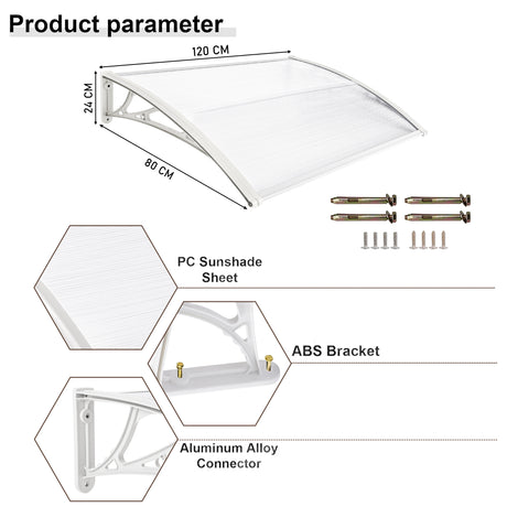 Product dimensions and specifications of a white canopy door front with PC sunshade sheet.