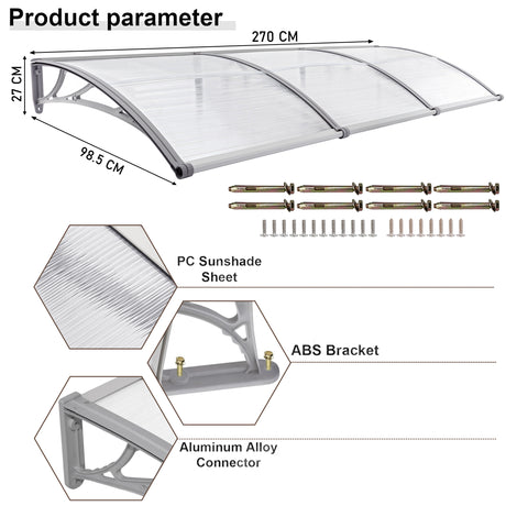 Canopy for door entrance with clear polycarbonate sheet, ABS brackets, and aluminum connectors.