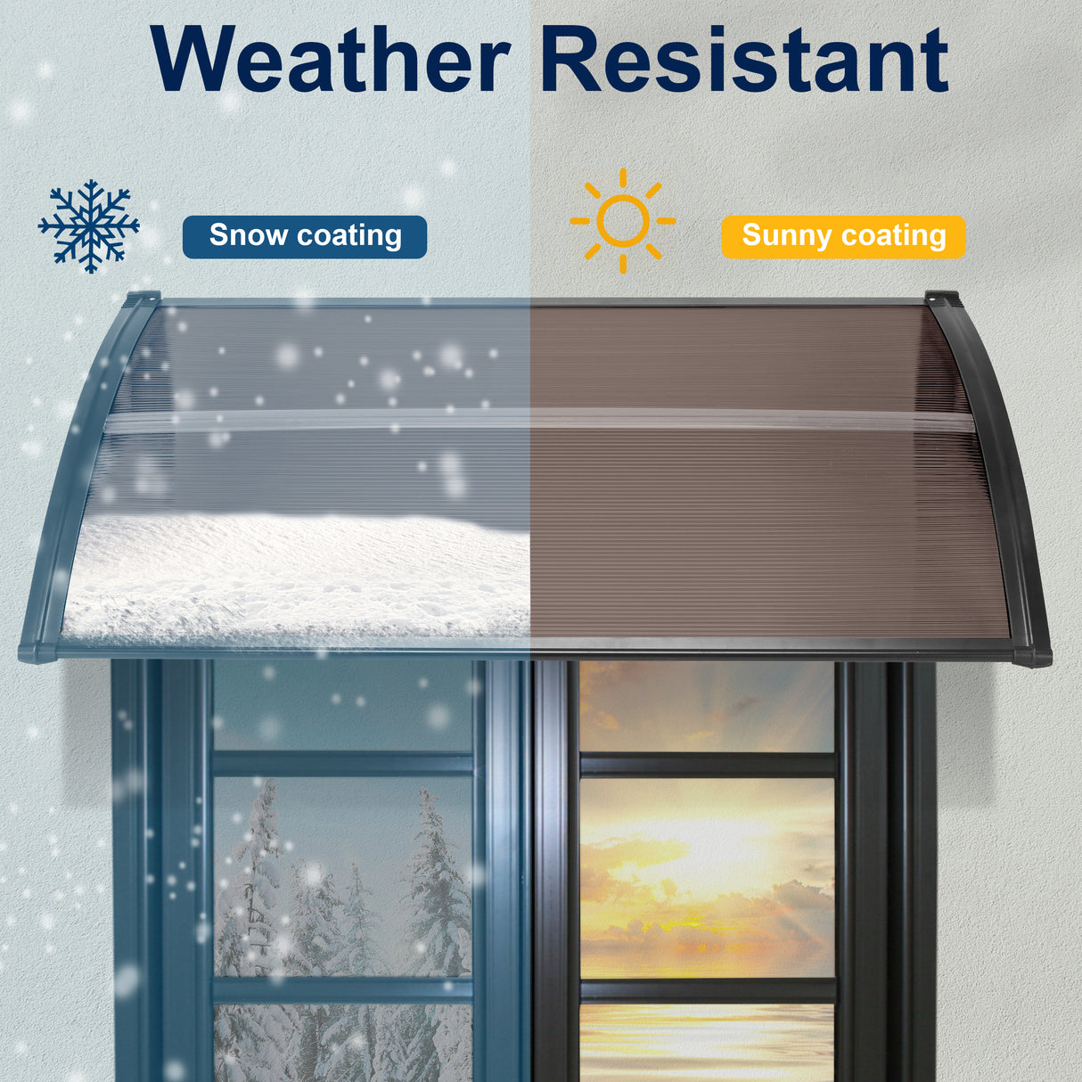 Canopy for main door, weather-resistant, protects against rain and UV.