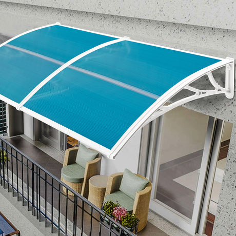 Outdoor door canopy in blue color, perfect for weather protection.