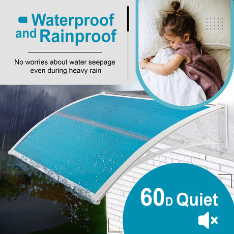 Blue waterproof and rainproof canopy over door for weather protection.