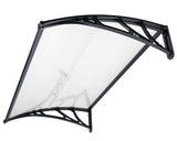 Canopy over front door with a transparent polycarbonate sunshade and black ABS brackets.