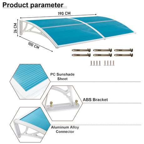 Canopy over the door with blue polycarbonate sheet, ABS brackets, and aluminum alloy connectors."