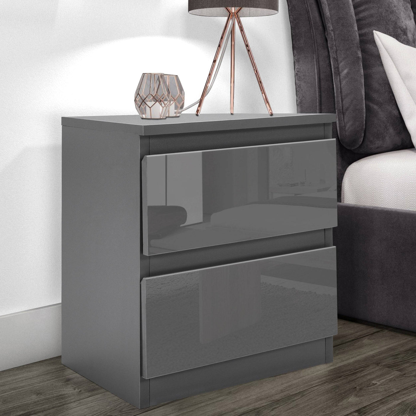 Blisswood Dark Grey Chest of Drawers - High Gloss Drawers with 2 handleless drawers, ideal as a modern bedside table for compact bedroom storage.