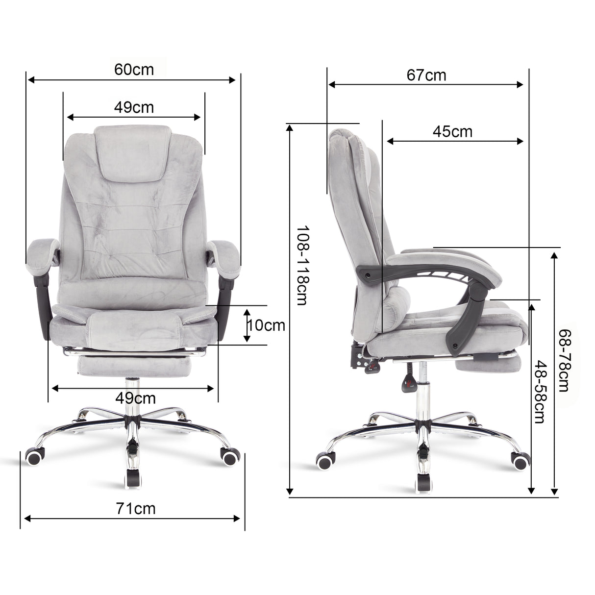 Chair swivel recliner with detailed chair dimensions for ergonomic comfort and perfect fit.