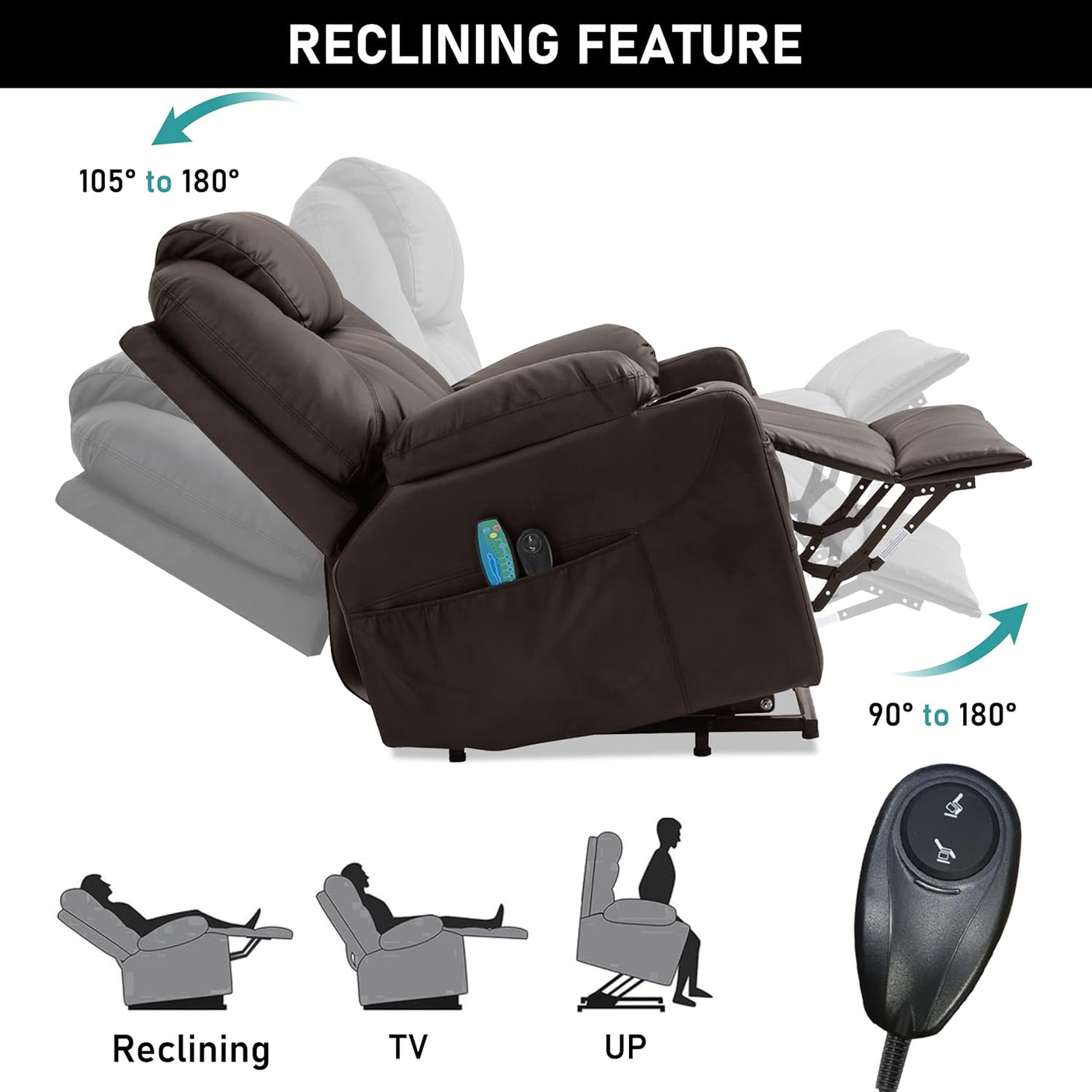 Reclining feature of brown Electric Recliner Chair For Elderly showing adjustable angles from 105° to 180° for TV watching and resting.