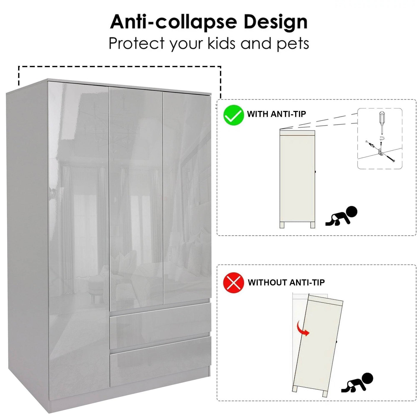 large grey wardrobe with anti-tipping features. 