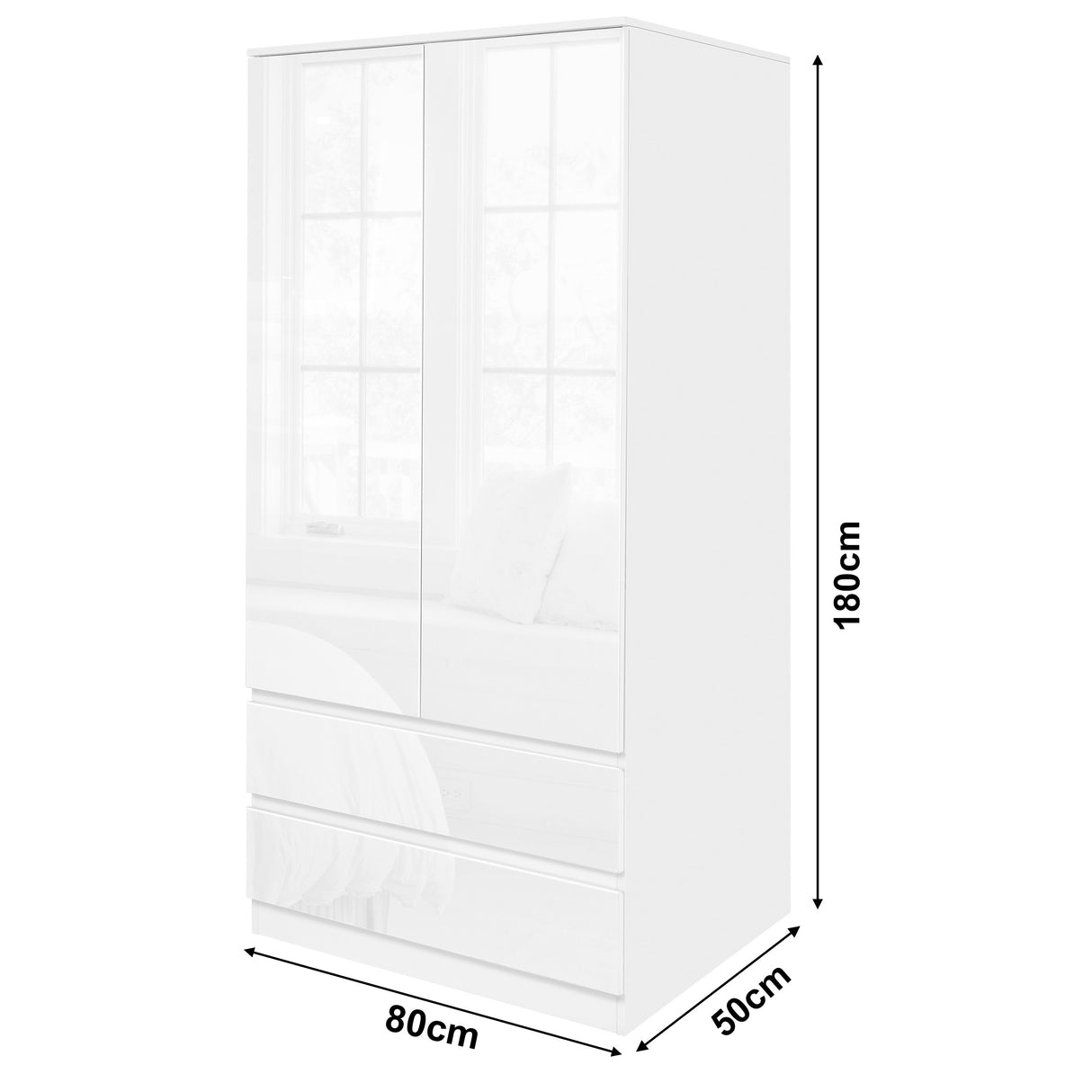 Affordable white wardrobe for sale with dimensions displayed, ideal for budget-friendly storage.