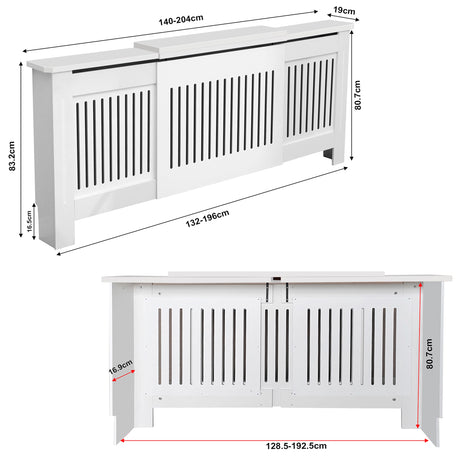 dimensions of white adjustable radiator cover (WxDxH): outer 140 to 204 x 19 x 83.2cm, inner  128.5 to 192.5 x 16.9 x 80.7cm.