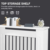 [White] Extra large Chelsea radiator cover top shelf in white shown with gold bookends and round clock right