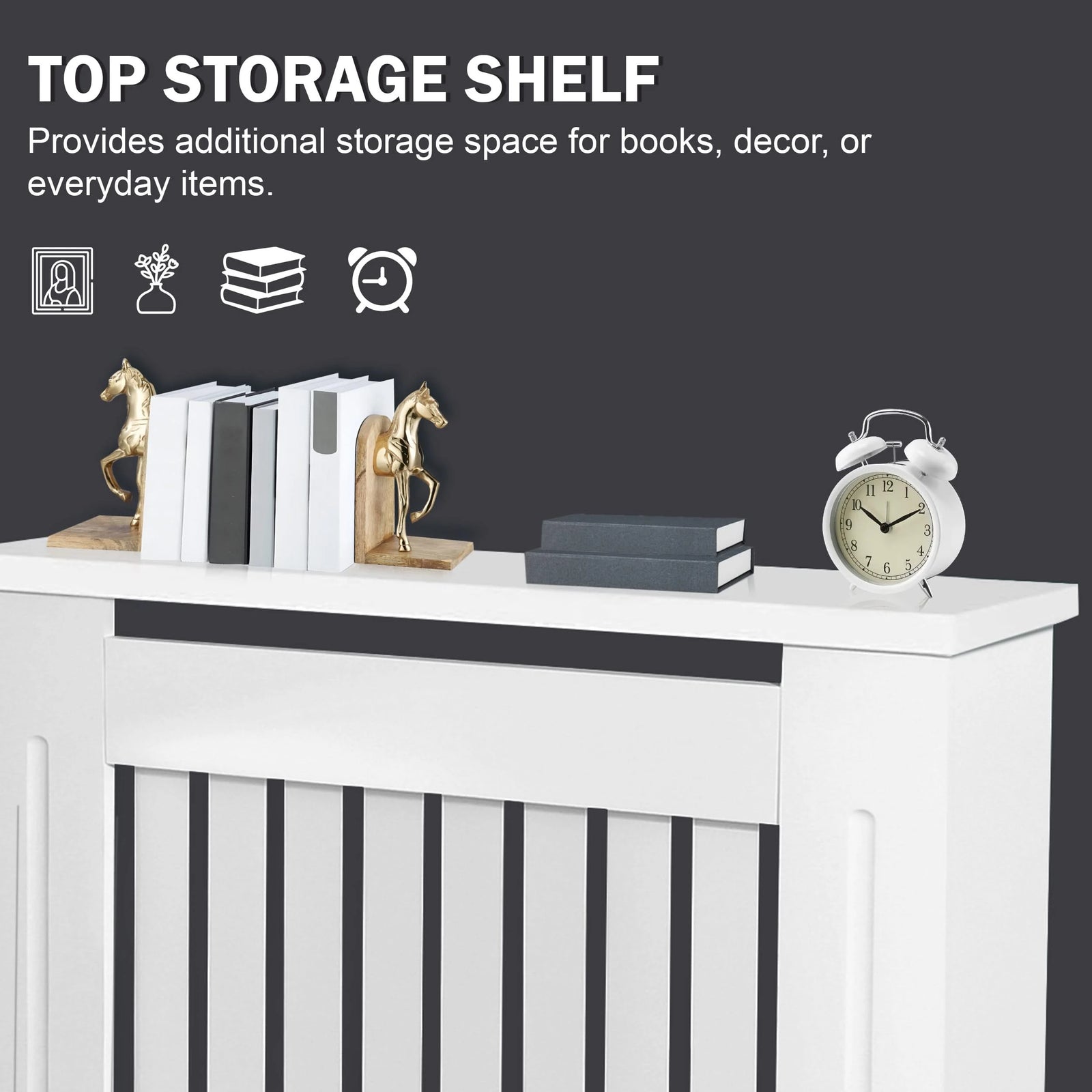 [White] Extra large Chelsea radiator cover top shelf in white shown with gold bookends and round clock right