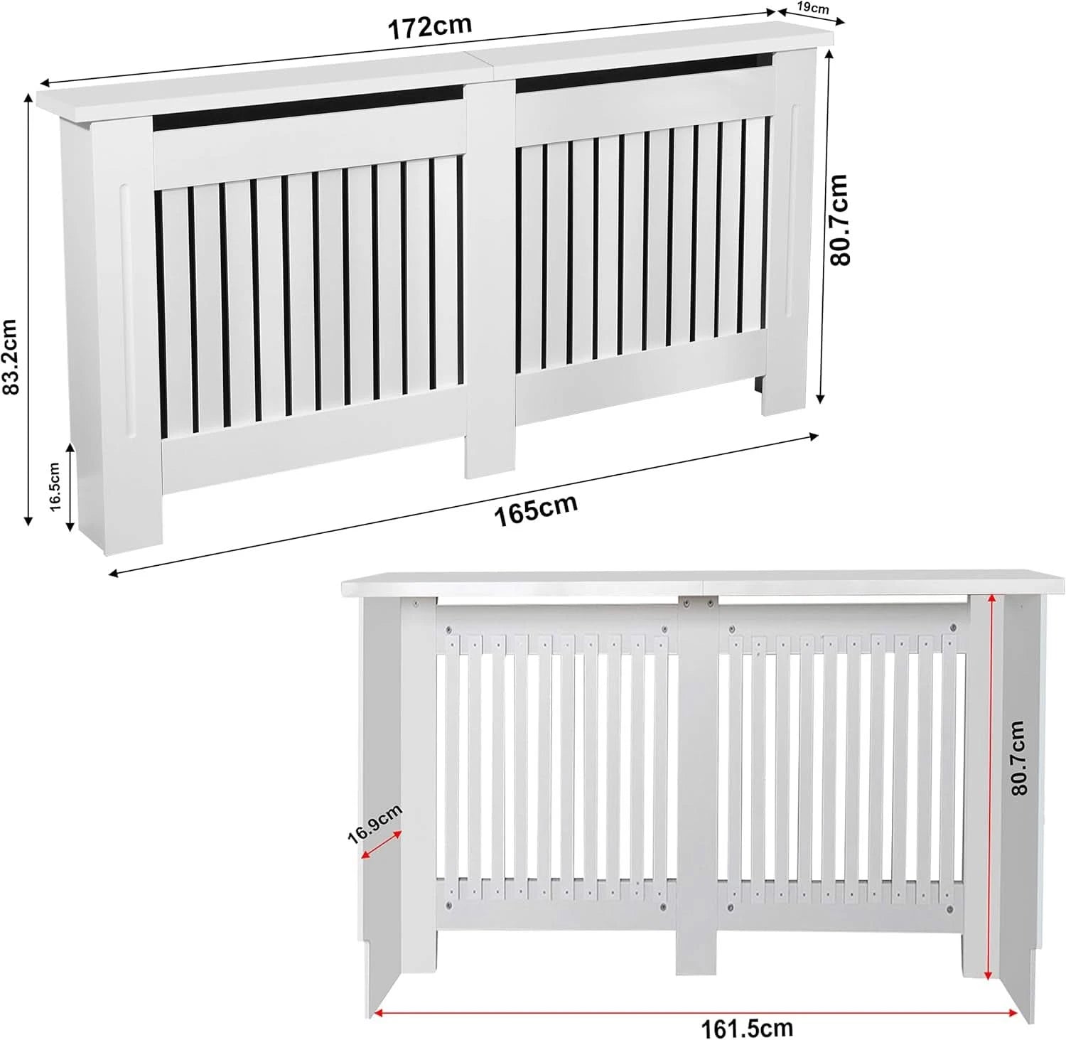 [White] Extra large Chelsea white radiator cover dimensions: 172cm wide, 83.2cm tall, 19cm deep, 165cm interior