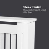 [White] Detail of extra large Chelsea radiator cover top board in white above the vertical slat grille