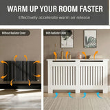 [Large] Chelsea White Radiator Cover airflow diagram comparing dark anthracite radiator to covered unit with warm air arrows rising through vertical slats