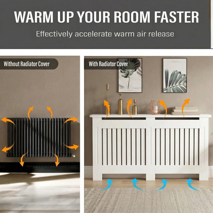 [Large] Chelsea White Radiator Cover airflow diagram comparing dark anthracite radiator to covered unit with warm air arrows rising through vertical slats