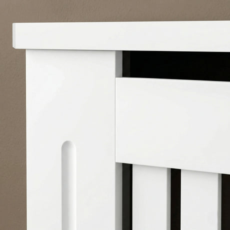[Large] Chelsea White Radiator Cover  upper corner detail showing top panel overhang, heat gap slot, shaker-style side panel, and vertical slat front