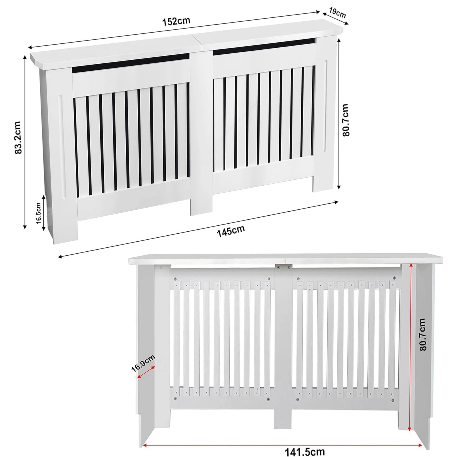 [Large] Chelsea White Radiator Cover annotated dimensions diagram showing 152cm width, 83.2cm height, 19cm depth and internal rear measurements