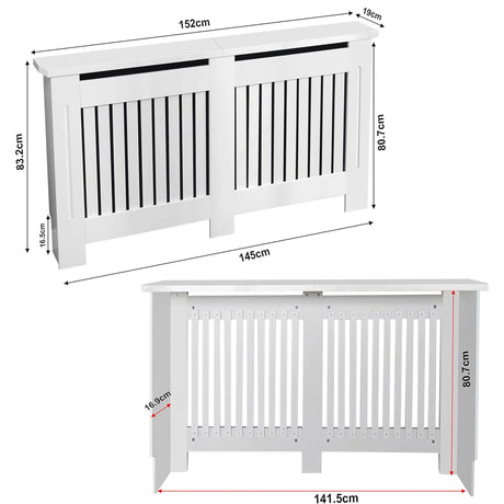 [Large] Chelsea White Radiator Cover annotated dimensions diagram showing 152cm width, 83.2cm height, 19cm depth and internal rear measurements