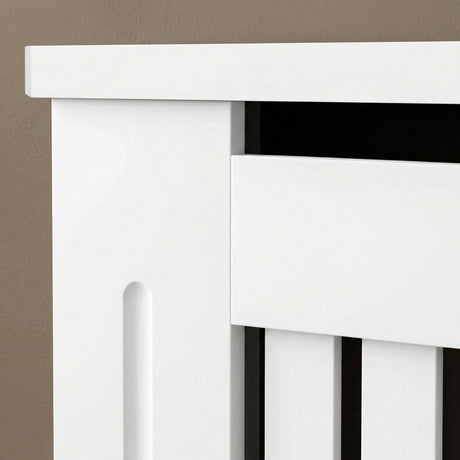[Medium] Chelsea White Radiator Cover upper corner detail showing top panel overhang, heat gap slot, shaker-style side panel, and vertical slat front