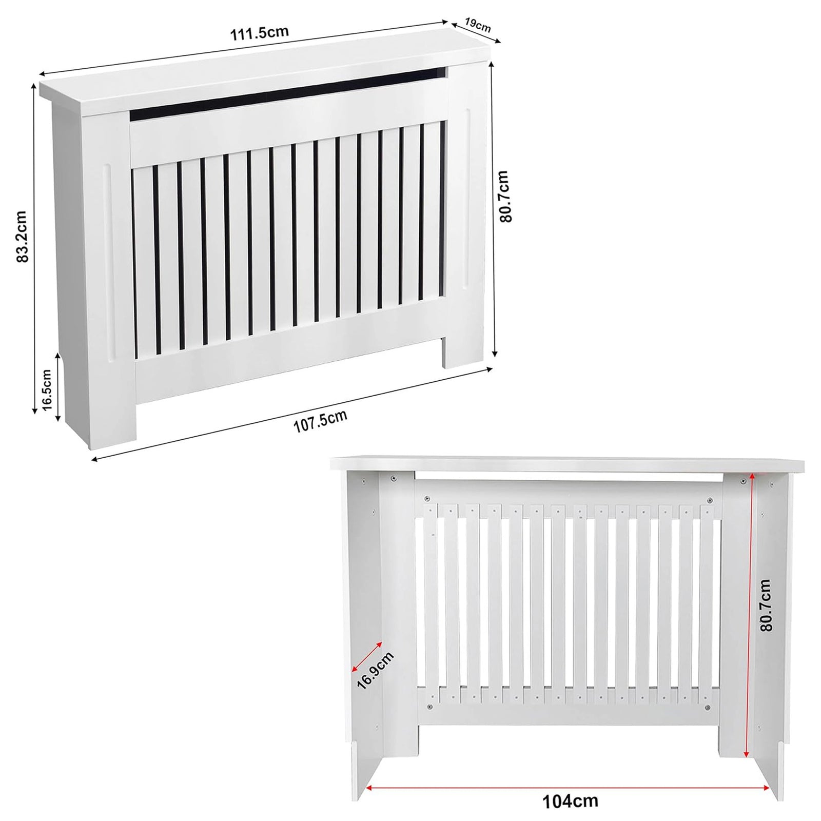 [Medium] Chelsea White Radiator Cover annotated dimensions diagram showing 111.5cm width, 83.2cm height, 19cm depth and internal rear measurements