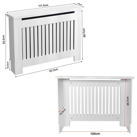 [Medium] Chelsea White Radiator Cover annotated dimensions diagram showing 111.5cm width, 83.2cm height, 19cm depth and internal rear measurements