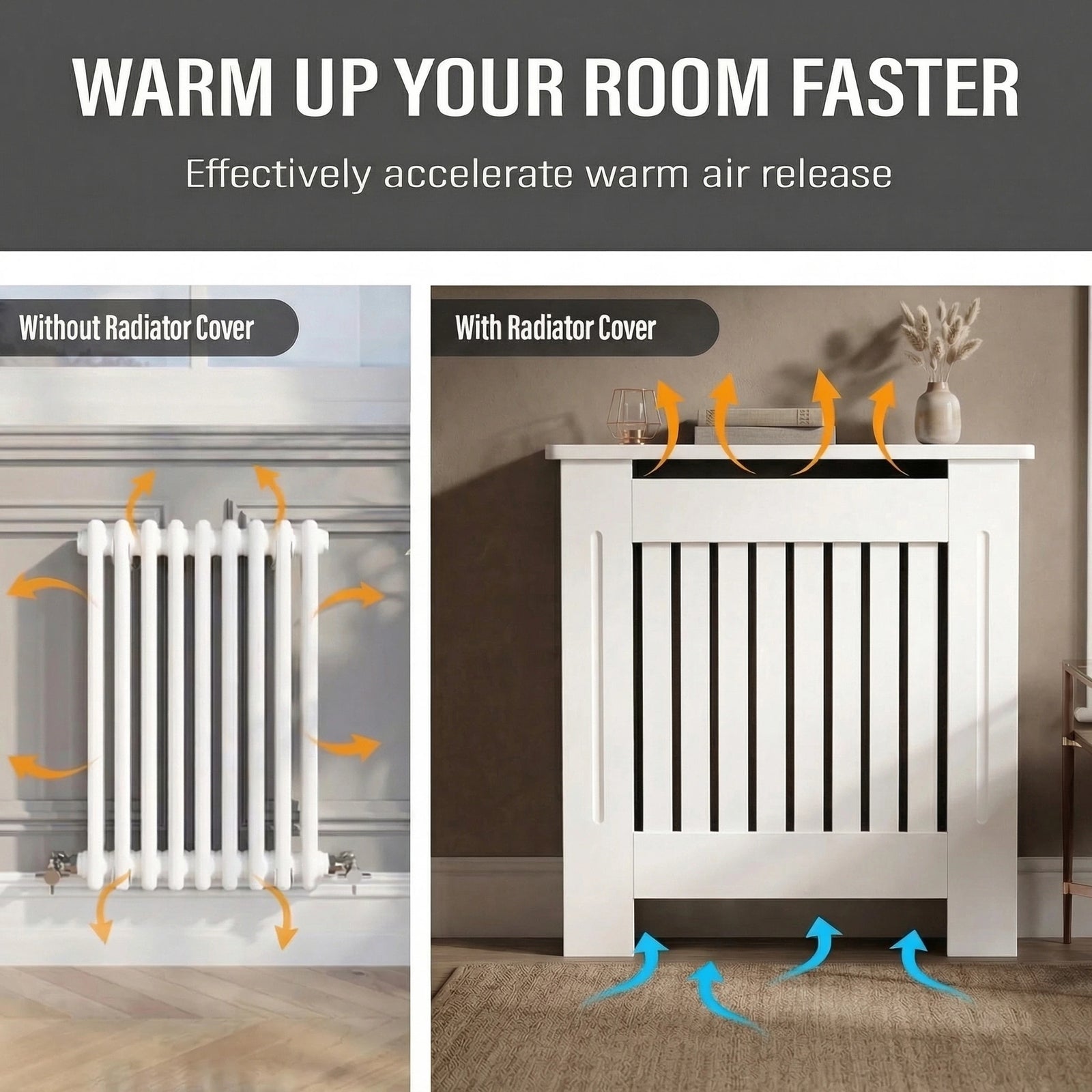 [Small] Chelsea White Radiator Cover airflow diagram comparing bare radiator to covered unit with warm air arrows rising through vertical slats