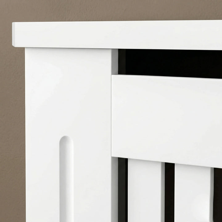 [Small] Chelsea White Radiator Cover upper corner detail showing top panel overhang, heat gap slot, shaker-style side panel, and vertical slat front