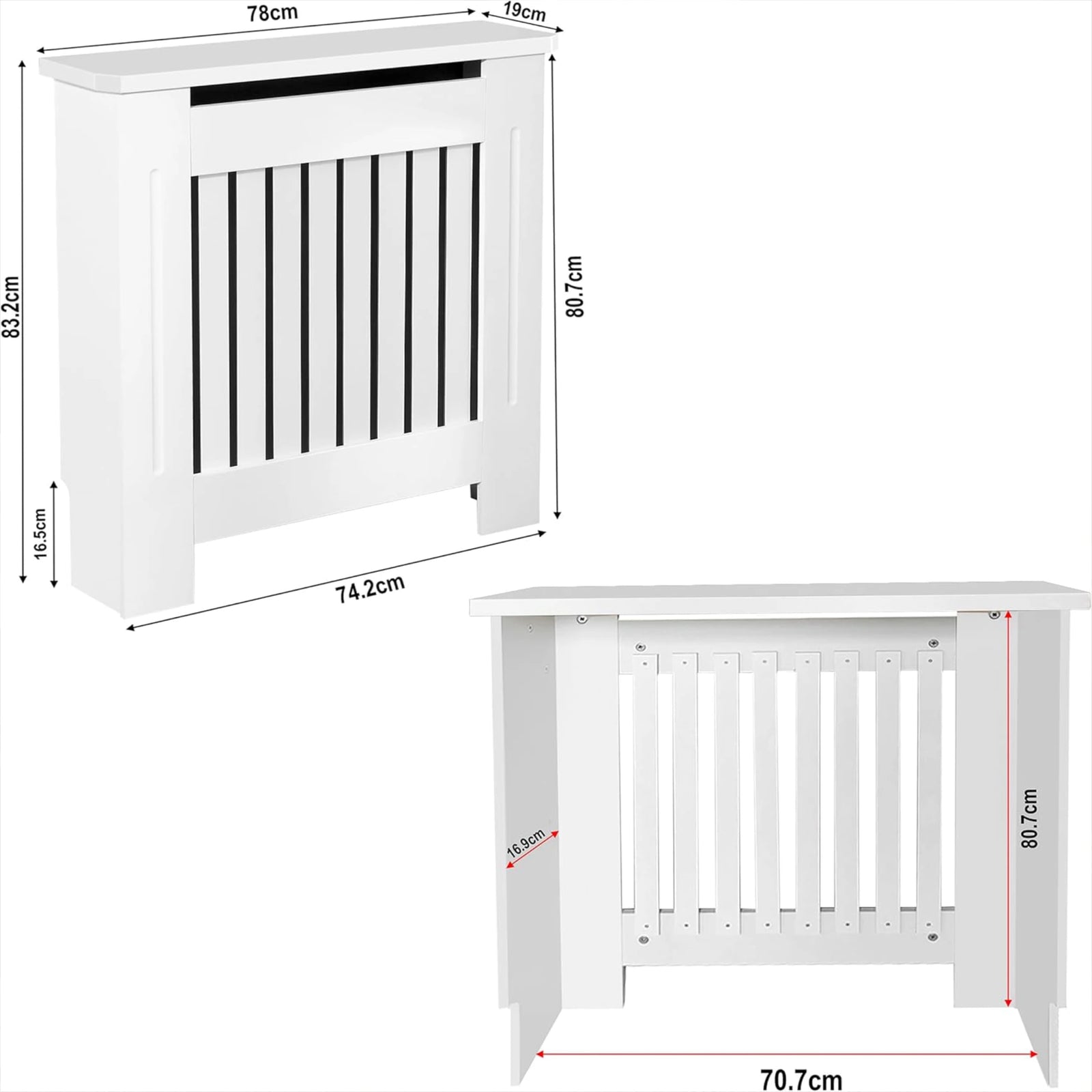 [Small] Chelsea White Radiator Cover annotated dimensions diagram showing 78cm width, 83.2cm height, 19cm depth and internal rear measurements