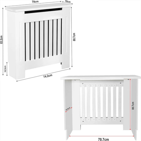 [Small] Chelsea White Radiator Cover annotated dimensions diagram showing 78cm width, 83.2cm height, 19cm depth and internal rear measurements