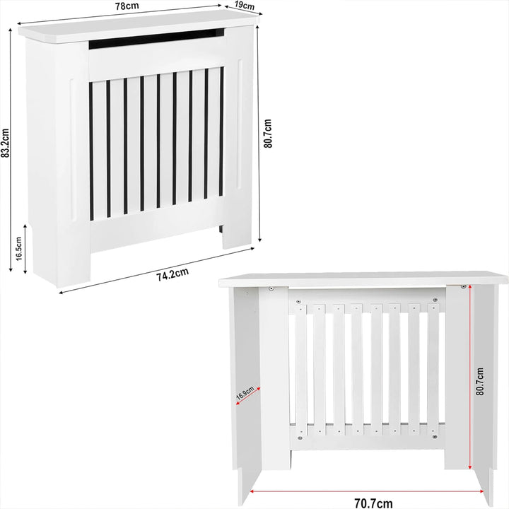 [Small] Chelsea White Radiator Cover annotated dimensions diagram showing 78cm width, 83.2cm height, 19cm depth and internal rear measurements