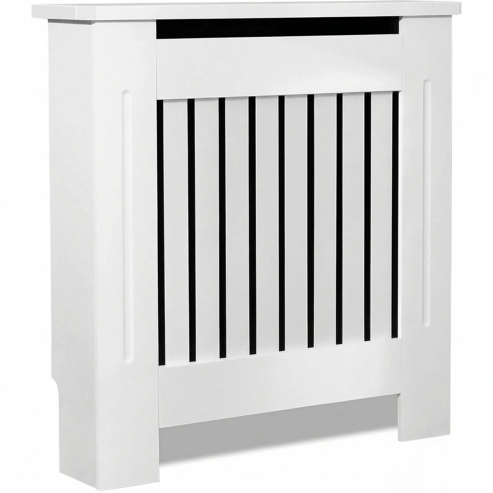 [Small] [White] Chelsea White Radiator Cover angled three-quarter product shot on white background showing vertical slat panel and shaker-style side panels
