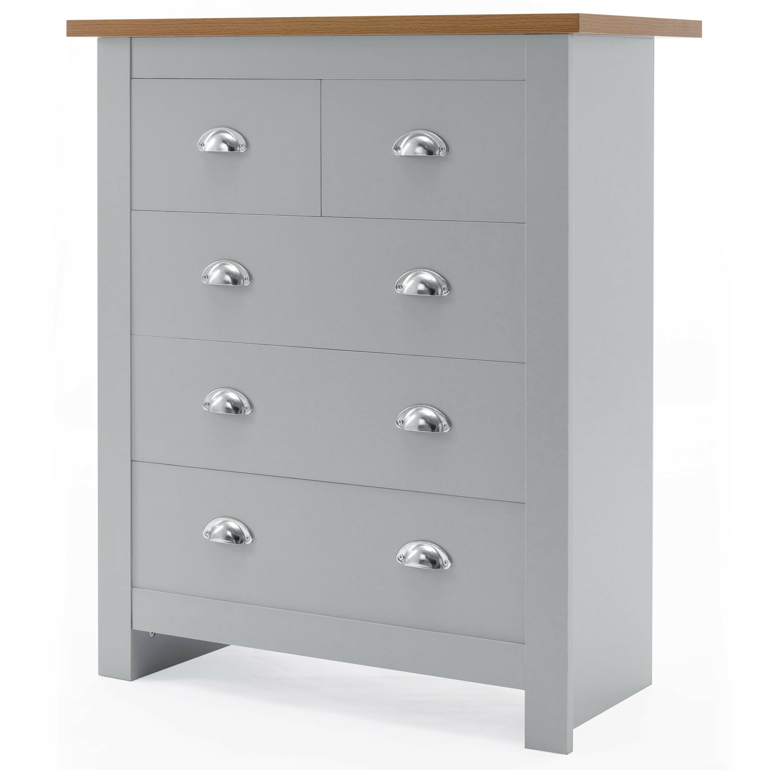 Grey chest of 2 drawers with oak top, elegant and practical bedroom storage solution.