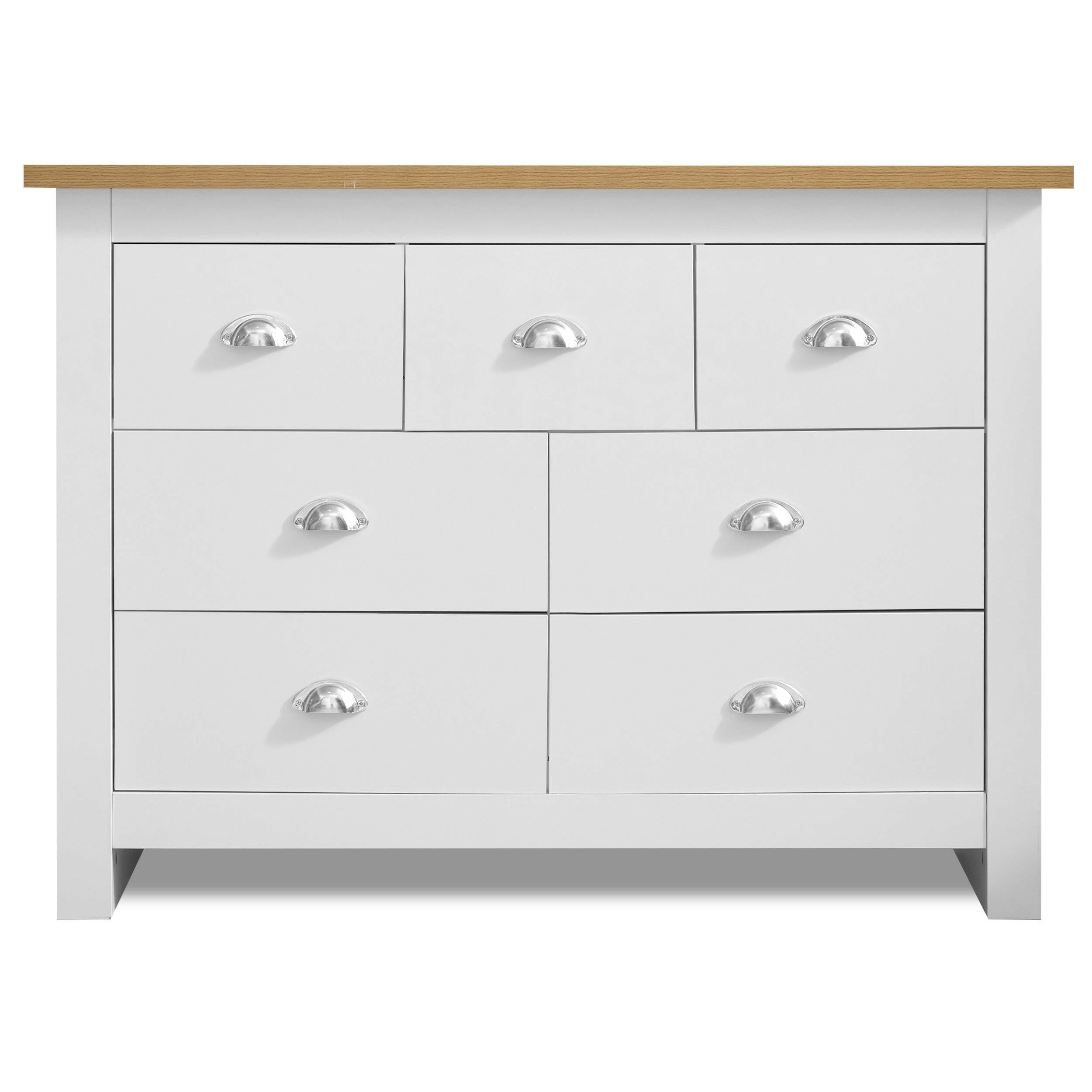 Modern chest of drawer in white with silver handles and oak top, featuring a clean design.