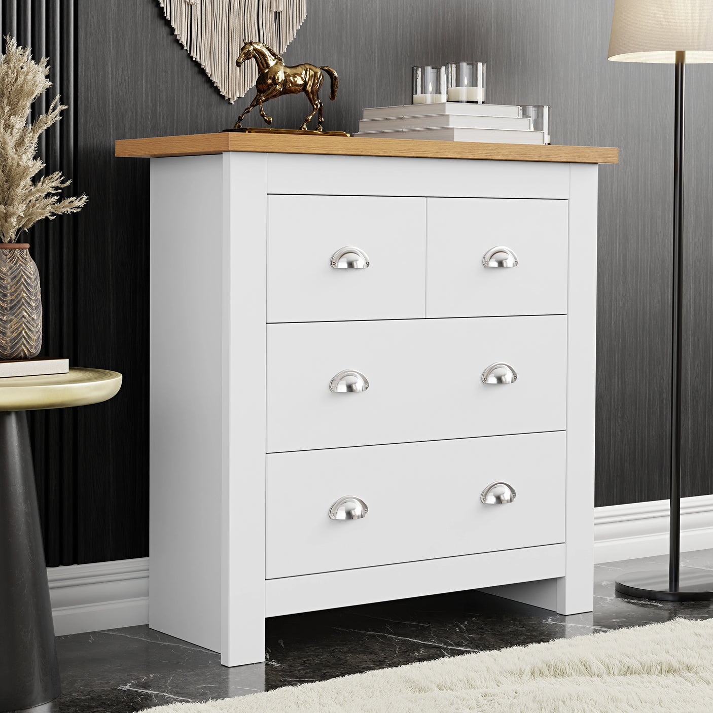 Blisswood 2 over 2 Chest of Drawers Bedroom | Chester Drawers in white with oak top and silver handles, ideal for compact bedroom storage.
