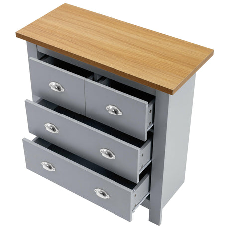 Grey chest of drawers 2 with oak top and open compartments, modern bedroom storage unit.