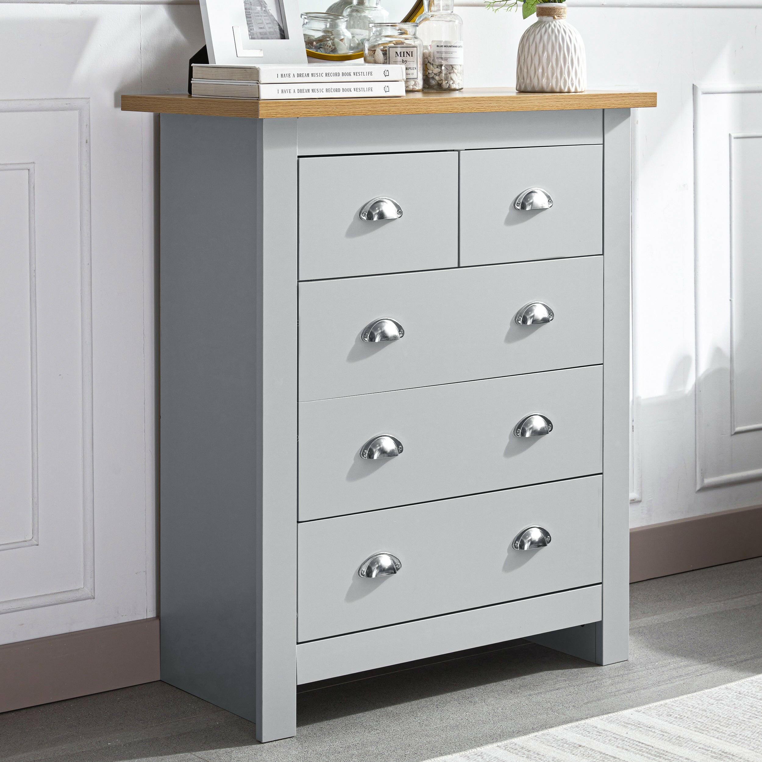 Grey chest of drawers 3 drawer with oak top, modern and stylish storage for bedrooms.