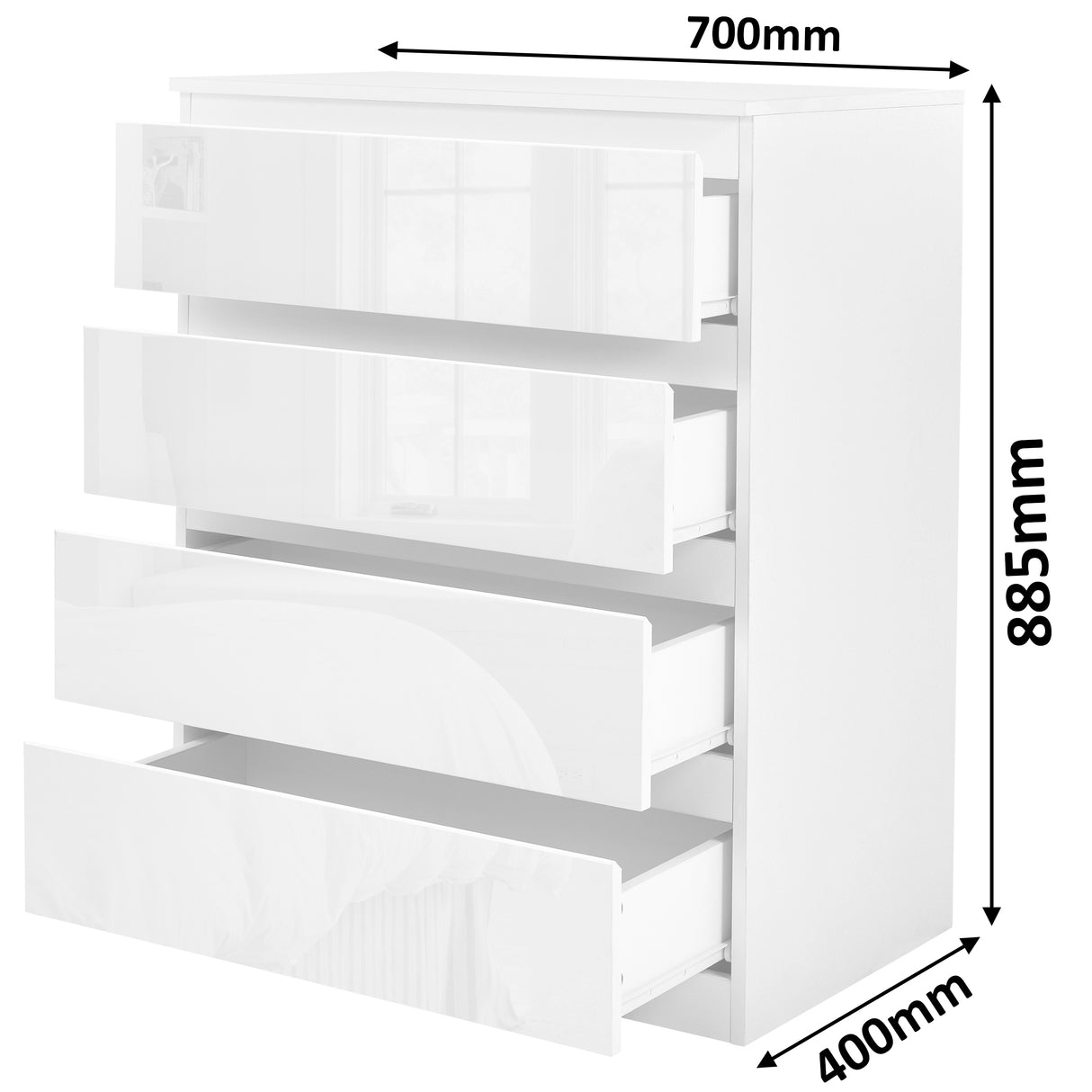 Chest of drawers 4 drawer design, providing practical storage with a sleek and modern look.