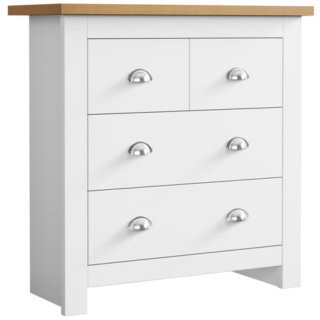 White chest of drawers for small spaces with handles, compact and stylish storage solution.

