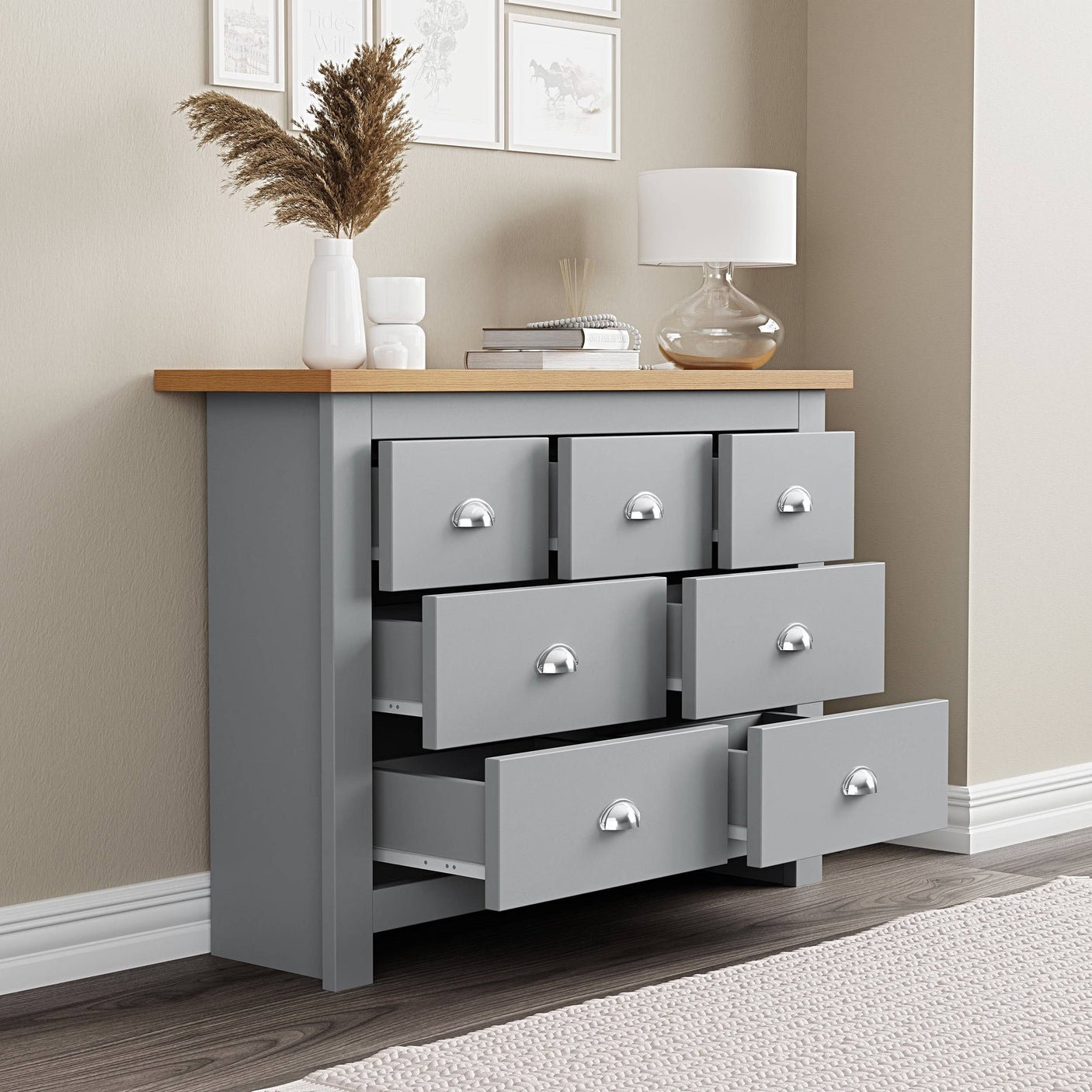 Chest of drawers furniture UK with open doors and top surface for flower pot, blending storage.
