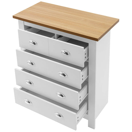 Chest of drawers in white with five spacious drawers and a wooden top for storage.