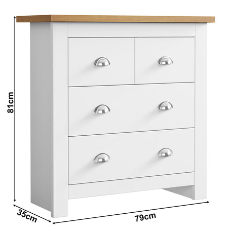 Chest of drawers legs and dimensions 81cm x 35cm x 79cm, offering stylish storage.