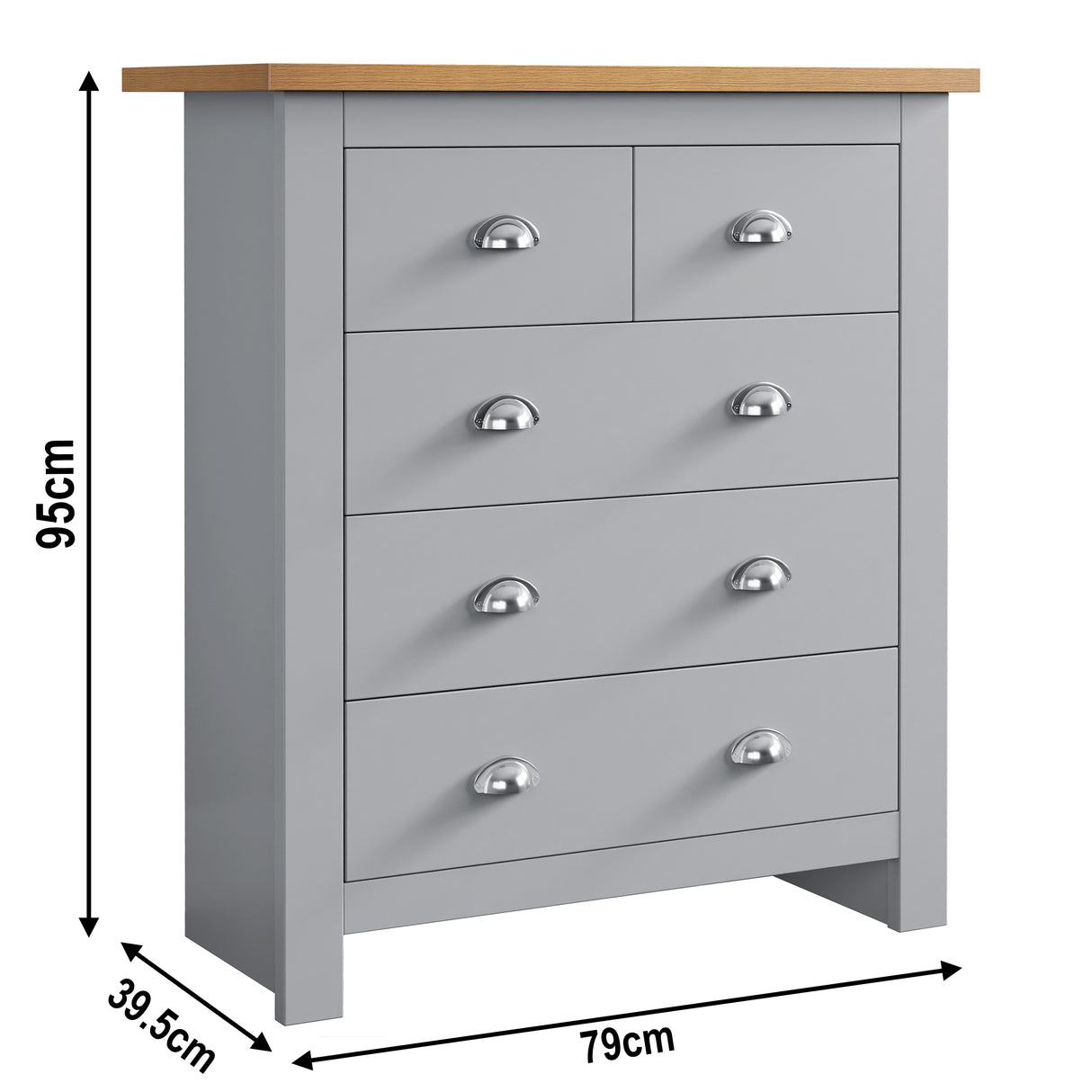 Chest of drawers size: 95cm x 39.5cm x 79cm – compact storage solution for any room.