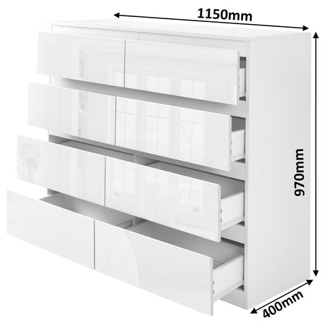 Modern chest of drawers wide with high gloss finish, spacious bedroom storage solution.