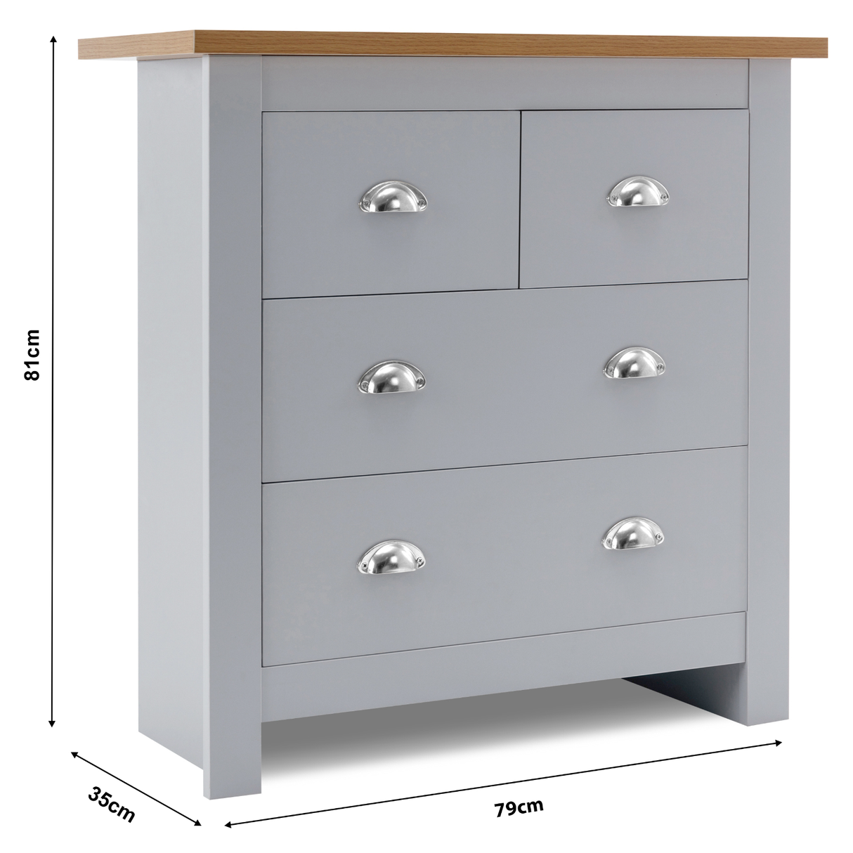 Grey chest of drawers with five drawers, measurements labeled: 81cm height, 35cm depth, 79cm width.