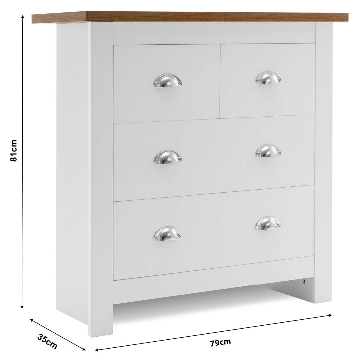 Chest of drawers with dimensions, white design and oak top with silver handles.