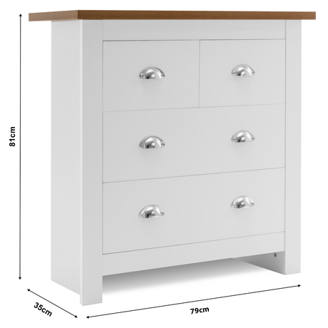 Chest of drawers with dimensions, white design and oak top with silver handles.