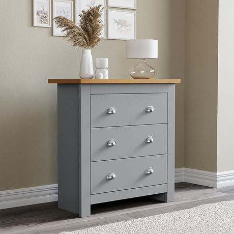 Chest of drawers with shelf, top surface for lamp and flower pot, practical and stylish.
