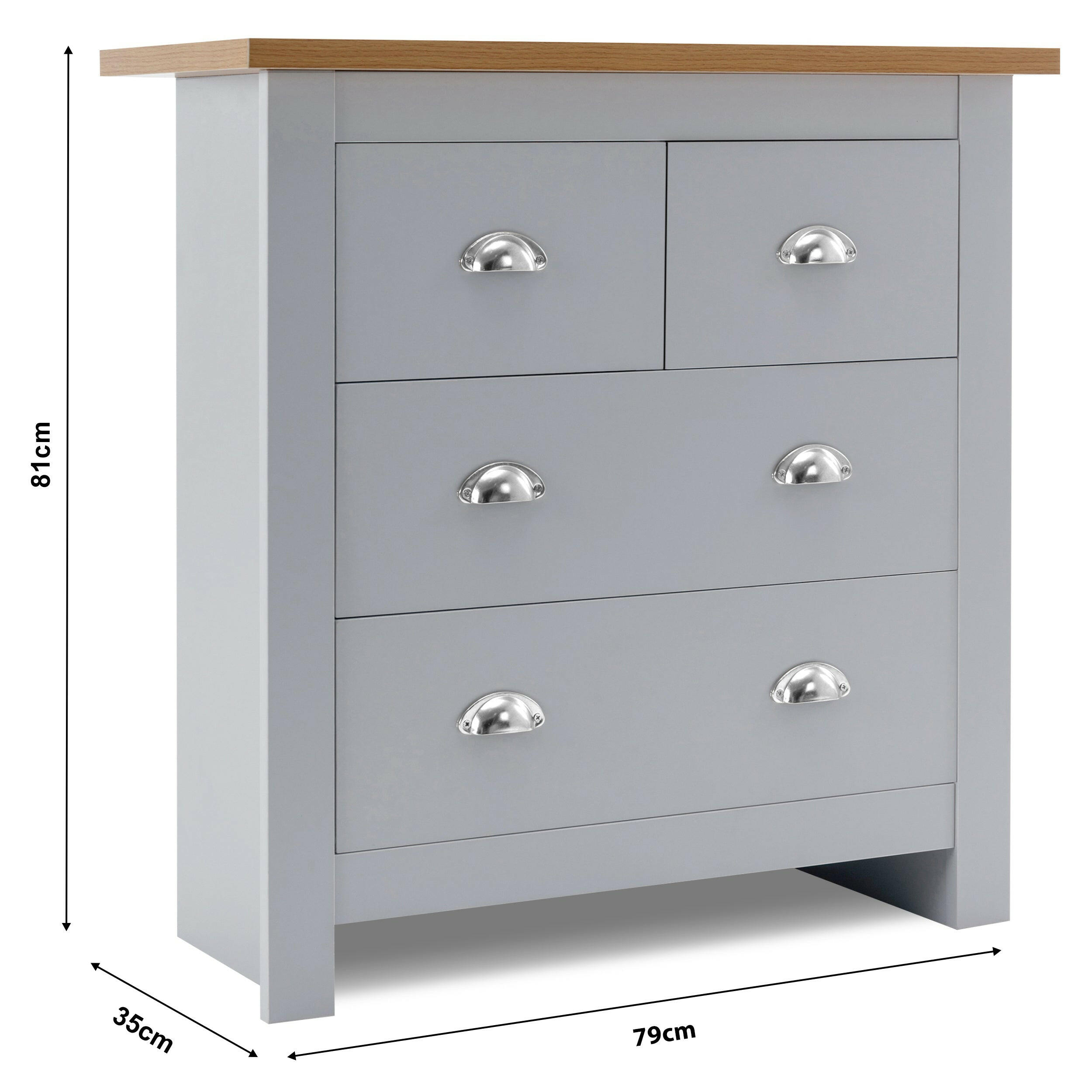 Grey chest of drawers with 5 drawers and silver handles.