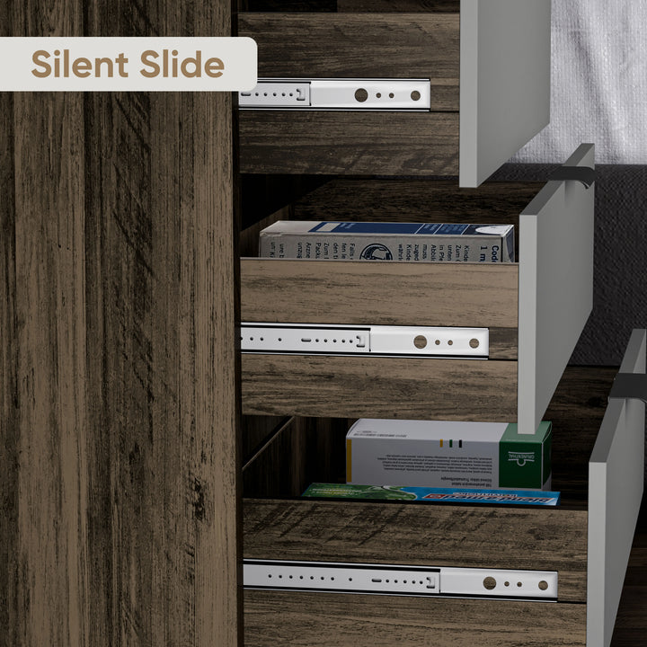 [Wooden Grey+Grey] Chest of drawers with storage in a two-tone finish with partially open drawers showing smooth runner mechanism