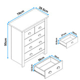 5 Drawer Chest of Drawers | Shaker Bedroom Drawers with dimensions 95cm height, 79cm width, and 39.5cm depth. Includes 3 large and 2 small drawers.